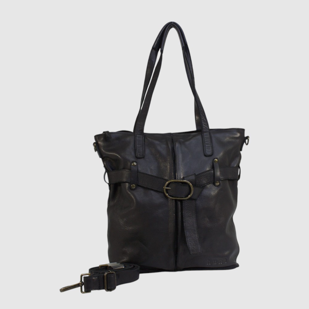[133-HU590045-80] Grand sac à main en cuir avec deux compartiments zippés – H.U.N.T (NOIR)