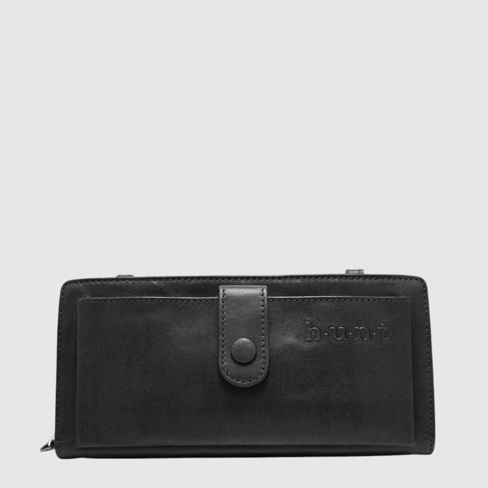 [133-HU637040-80] Portefeuille long en cuir RFID à bandoulière et compartiment à cellulaire – H.U.N.T (NOIR)