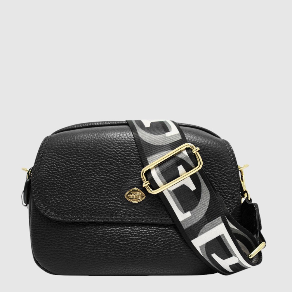 Leather handbag with patterned fabric shoulder strap – The Trend