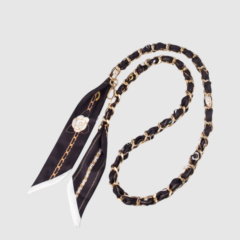 [161-WTMY26081104-85] Bandoulière téléphone foulard à motif et chaîne dorée – ZAC