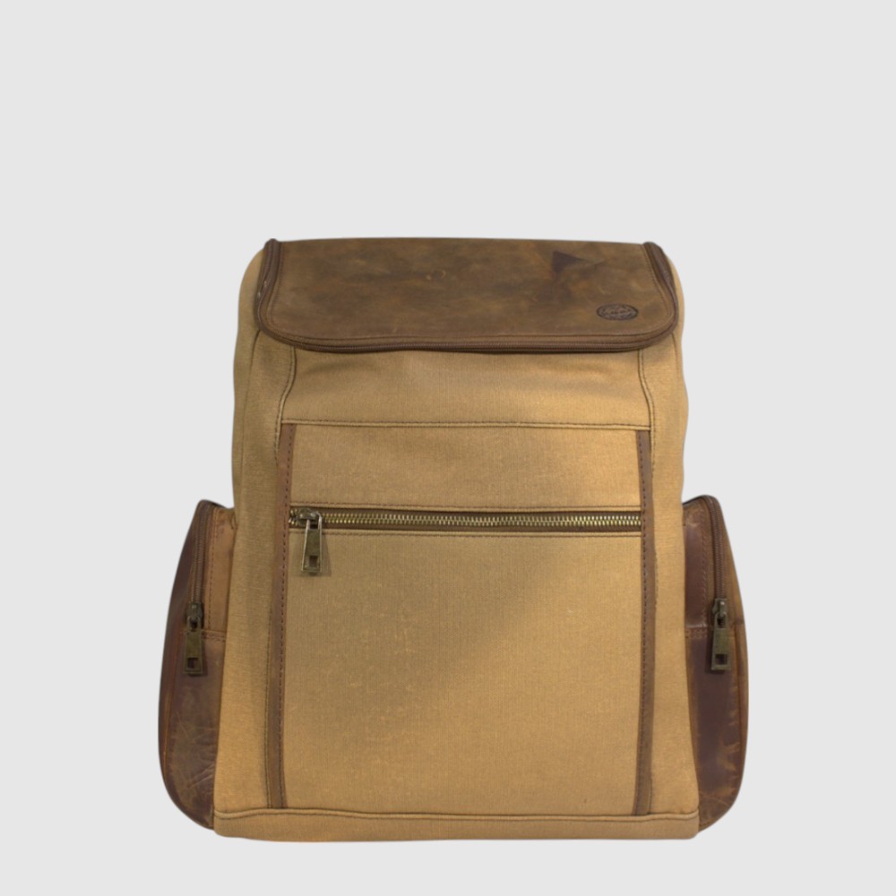 [133-HU51059-250] Grand sac à dos en cuir et canevas avec compartiment pour ordinateur – H.U.N.T (KAKI)