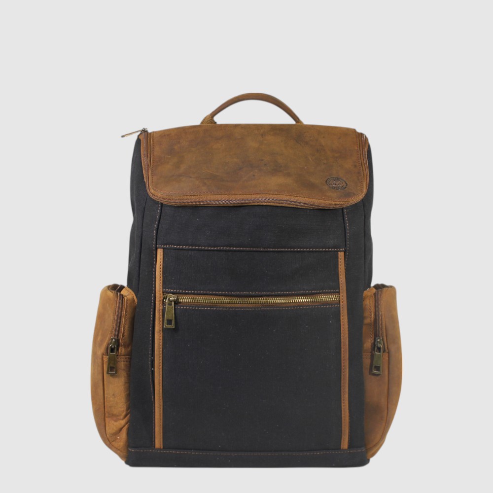 Grand sac à dos en cuir et canevas avec compartiment pour ordinateur – H.U.N.T