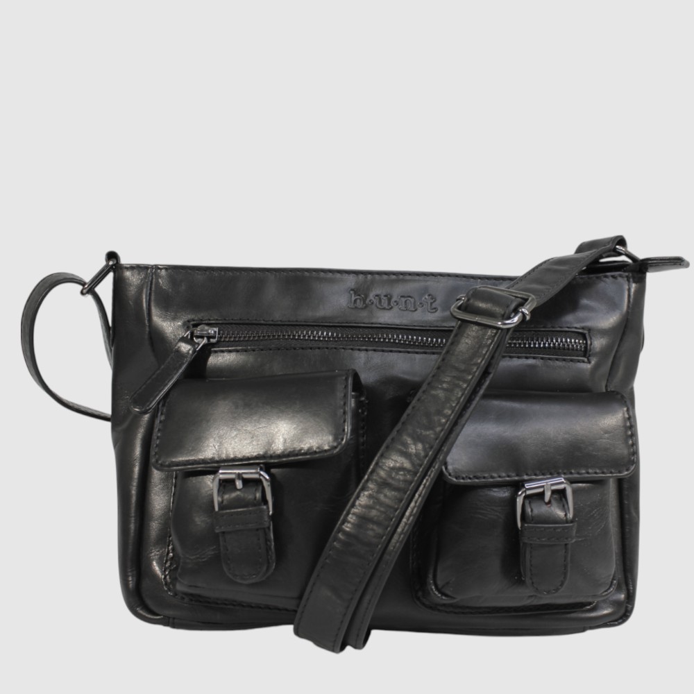 [133-HU5861147-80] Sac à bandoulière en cuir à double compartiment – H.U.N.T (NOIR)