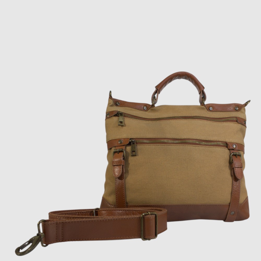 [133-HU5889-2389-250] Sac à bandoulière en canevas et cuir avec poignée – H.U.N.T (KAKI)