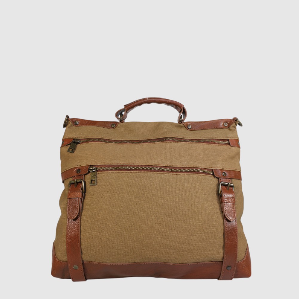 [133-HU5889-2389L-250] Grand sac à bandoulière en canevas et cuir avec poignée – H.U.N.T (KAKI)