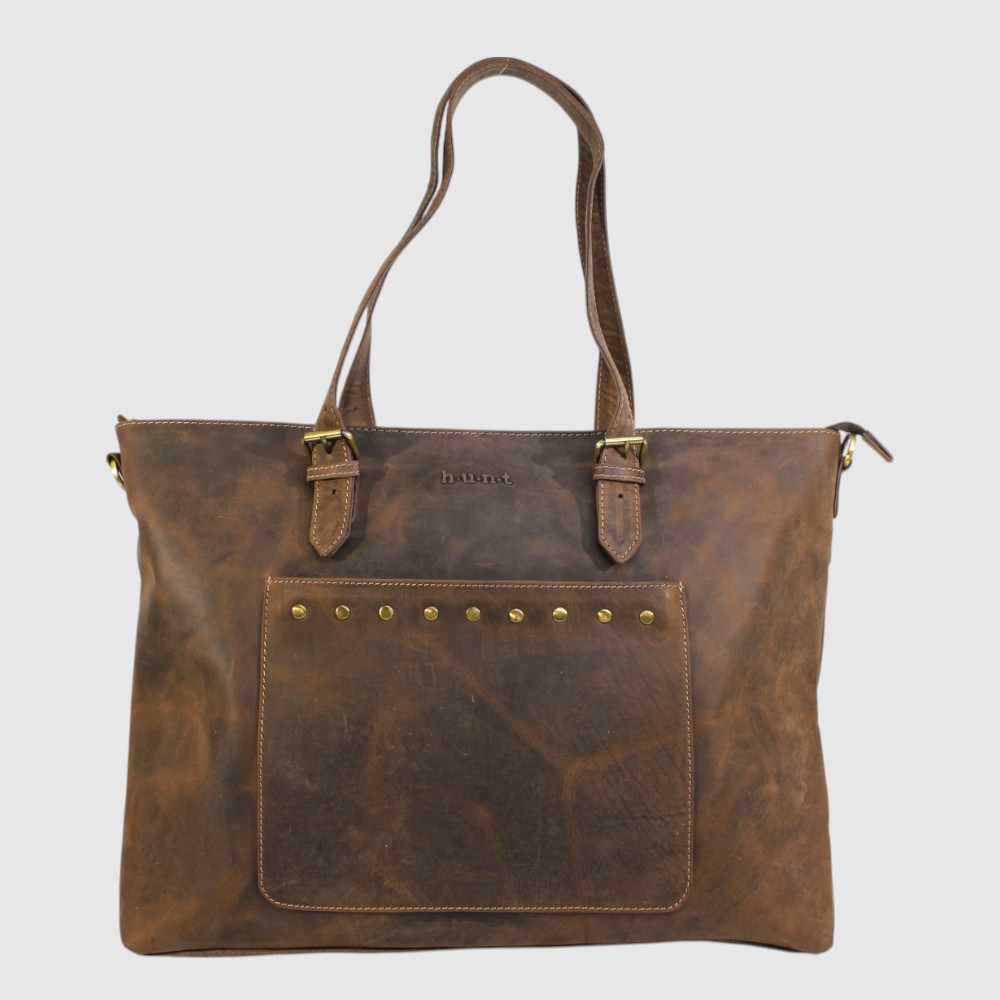 Large leather tote bag with handle and removable shoulder strap – H.U.N.T